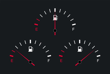 Fuel gauge and indicator. Car dashboard. Gasoline meter. Fuel tank full and empty.