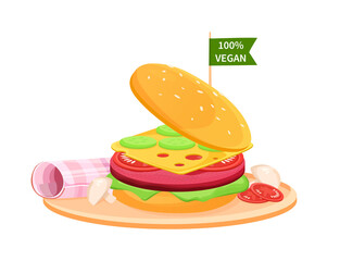 ake Meat Burger. Artificial Cultured meat Concept. Lab grown burger. Plant based beyond meat hamburger. Easy to edit and customize Vector Flat