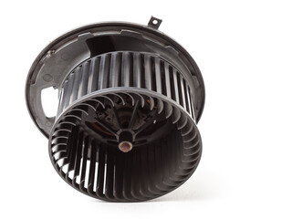Heater fan - spare part and element of car air conditioning system on white isolated background. Auto service industry. Spare parts catalog.