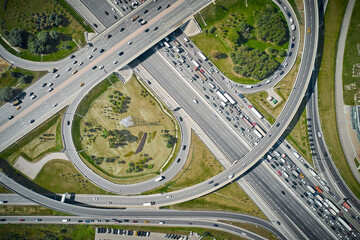 Traffic on highway interchange, overhead aerial view