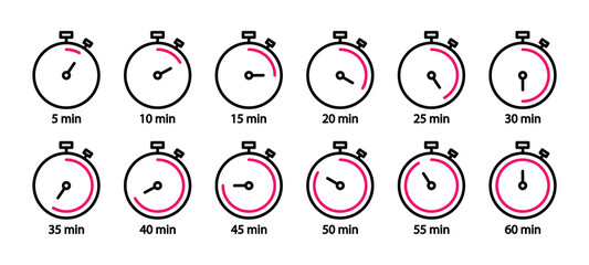 Set of stopwatch line icons. Timers set. Clock, time and countdown. Vector elements.
