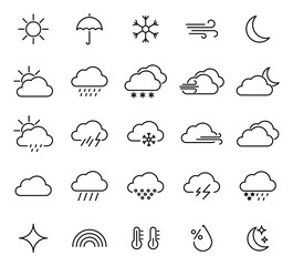 Big set of weather linear icons. Forecast weather symbols. Vector web icons.