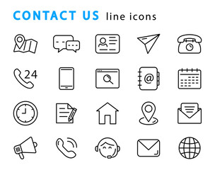 Set of contacts linear icons. Contact us. Communication signs. Vector web icons.