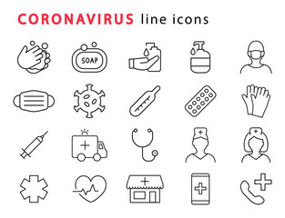 Set of coronavirus thin line icons. Medical icons. Covid 19. Medicine symbols.