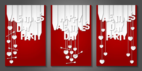 Set of Happy Valentine's Day banners with letters cut out of white paper. Banners with valentines symbols: hearts and arrows. Greeting cards, web banners, party invitations. 
