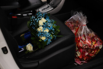 Wedding bouquet on car seat