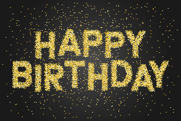 Happy Birthday Banner with golden glittering text on black background. Elegant luxury Greeting card. Design for flyers, postcards, posters, and banners.