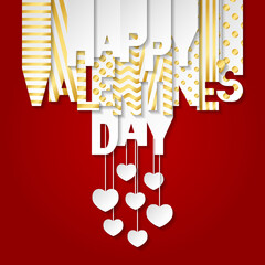Happy Valentine's Day banner with letters cut out of white and gold paper. Banner with valentines symbols: hearts and arrows. Greeting card, web banner, invitation.