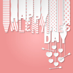 Happy Valentine's Day banner with letters cut out of white paper. Banner with valentines symbols: hearts and arrows. Greeting card, web banner, invitation. Vector illustration on coral background.