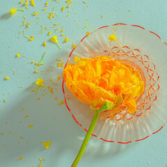 Yellow tulip in a glass plate
