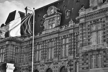 Versailles, France - August 19th 2016 : Focus on facade of the city hall. The style of the edifice...