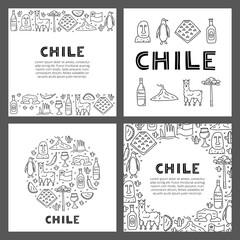 Set of cards with lettering and doodle outline Chile icons including Easter island statue, Villarrica volcano, araucaria tree, empanadas, penguin, poncho, alpaca isolated on grey background.