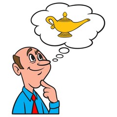 Thinking about making a Wish - A cartoon illustration of a man thinking about making a wish with a Genie Lamp.