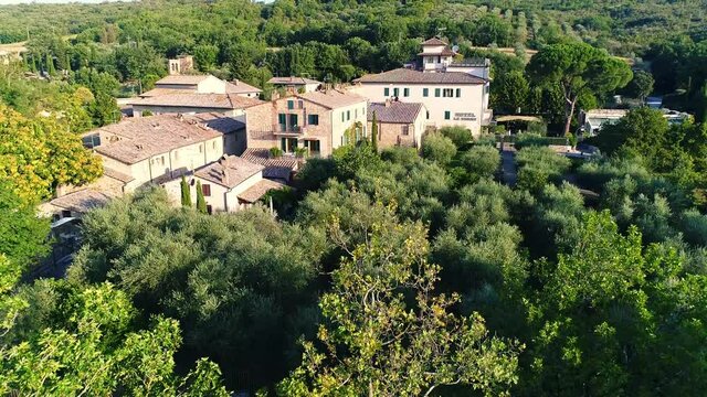 Aerial view of Bagno Vignoni a village in Val D'orcia. Spas, nature and a beautiful landscape