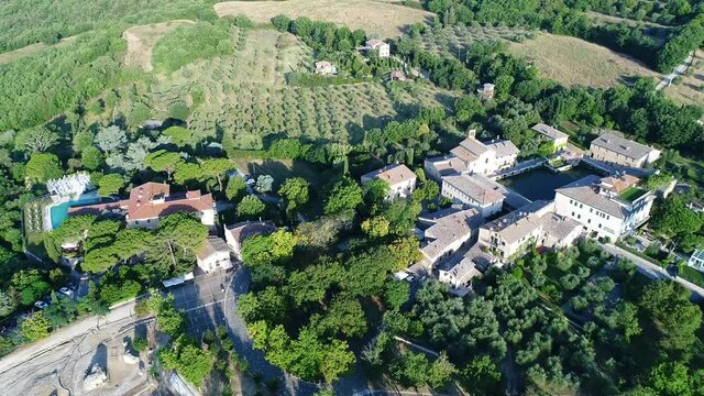Aerial view of Bagno Vignoni a village in Val D'orcia. Spas, nature and a beautiful landscape