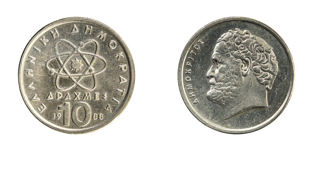 authentic Greek coin 10 drachmai year 1988 obverse and reverse side on white background,macro close up