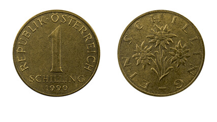authentic Austrian 1 schilling coin year 1990 obverse and reverse side on white background