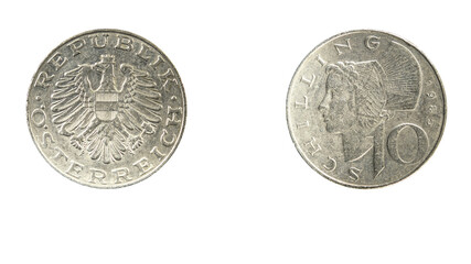 authentic 10 Austrian schilling coin year 1985 obverse and reverse side on white background,macro...