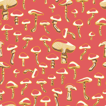 Coral and Gold Mushrooms Vector Seamless Pattern