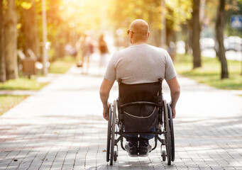 Handicapped man in wheelchair walk at the park alley