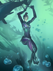 Original hand drawn fantasy illustration of a beautifuly female diver character