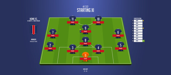 Football or soccer match lineups formation infographic. Set of football player position on soccer filed. Football kit or soccer jersey icon in flat design. Vector Illustration. © tondruangwit