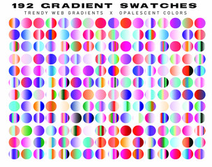 Set of holographic gradient swatches for trendy design. Synthwave retro chrome textures.