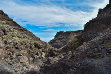 Landscape of arid and rocky mountains in Gran Canaria.