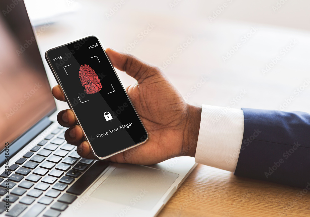 Poster man holding phone with fingerprint scanning smartphone app