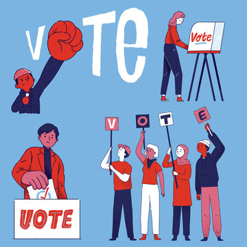 Vector set of man and parade give support voice and right for people to show unite to vote and fight for presidential election concept in cartoon flat style illustration isolated 