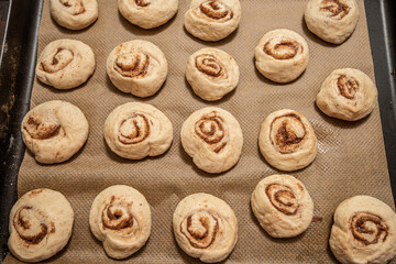Cinnamon buns on a plate before baking.