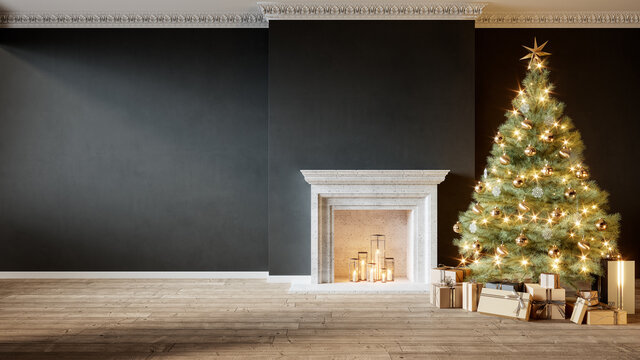 Modern classic black empty interior with fireplace, christmas tree and gifts. 3d render illustration mock up