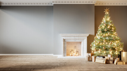 Obraz premium Modern classic gray empty interior with fireplace, christmas tree and gifts. 3d render illustration mock up