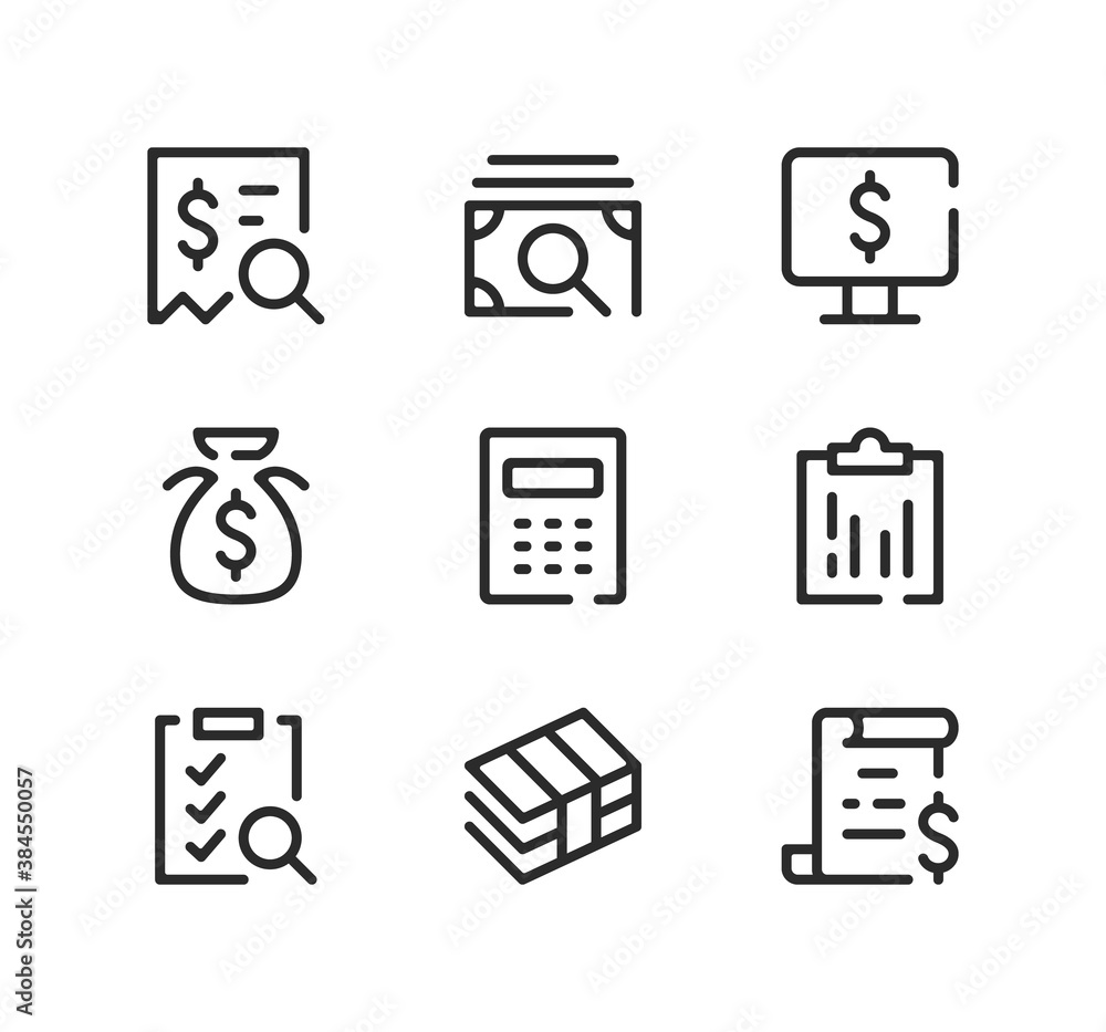 Poster accounting line icons set. modern graphic design concepts, black stroke linear symbols, simple outli