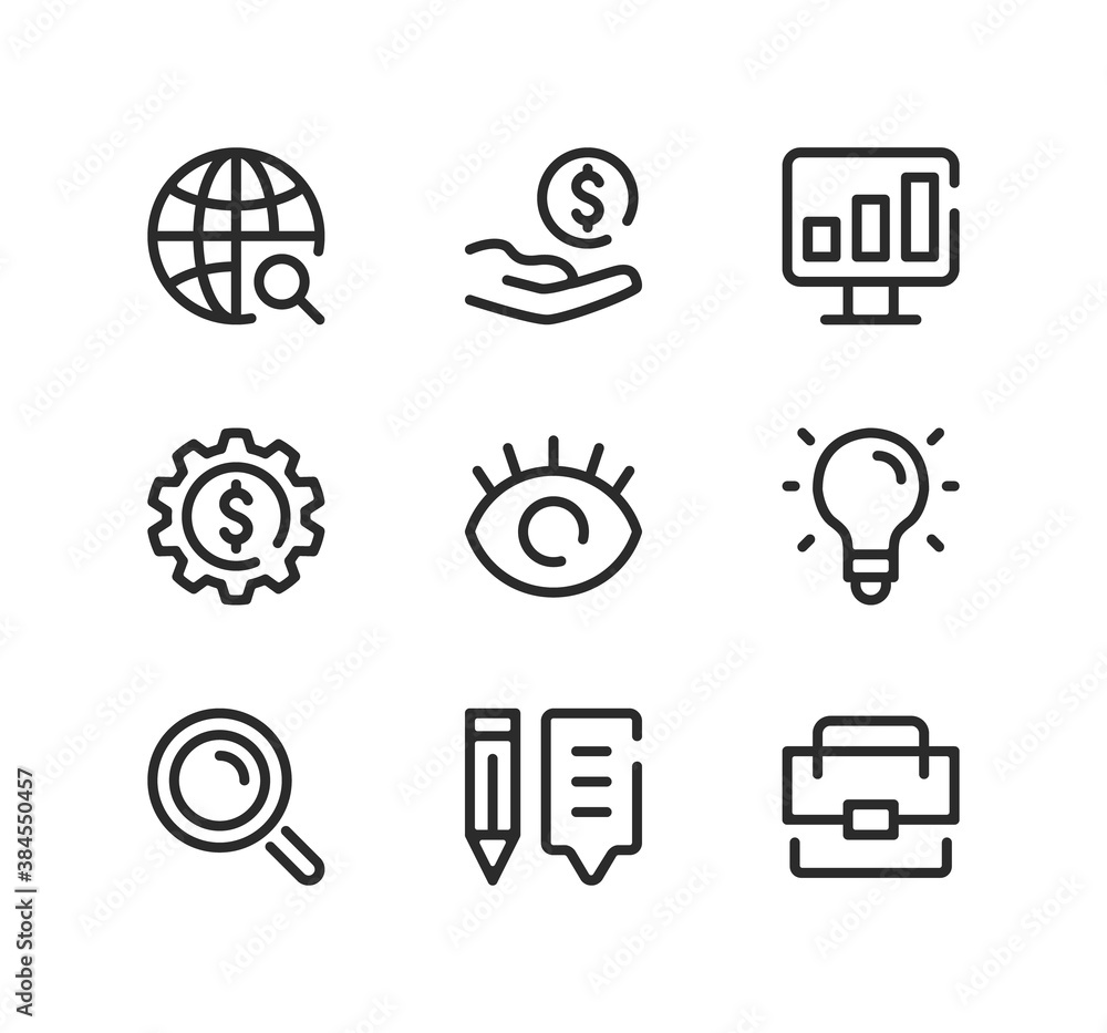 Aufkleber seo line icons set. modern graphic design concepts, black stroke linear symbols, simple outline elem