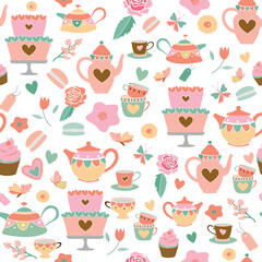 Vector coral pink sage green garden tea party seamless pattern background. Perfect for fabric, scrapbooking, wrapping paper, wallpaper projects