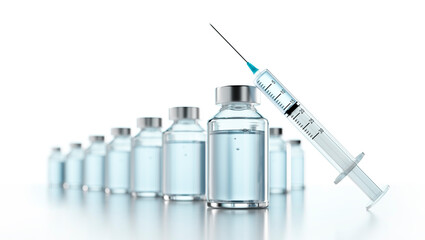 Influenza vaccine concept with syringe and bottles of vial with copy space  - 3D illustration