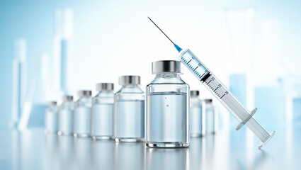 Influenza vaccine concept with syringe and bottles of vial with copy space  - 3D illustration - obrazy, fototapety, plakaty
