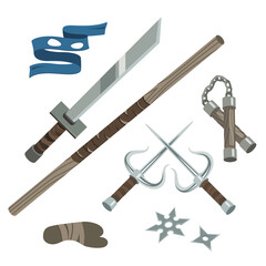 cartoon flat style ninja weapons set: sword, sai, nunchaku and shurikens, isolated vector illustration,  design for web, stickers, logo and app. © thepolovinkin