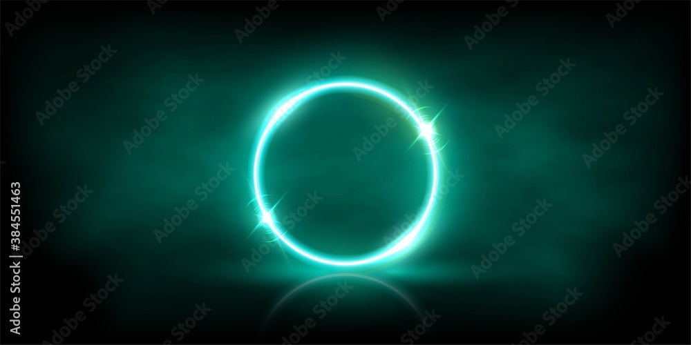 Poster glowing neon azure circle with sparkles in fog abstract background. round electric light frame. geom