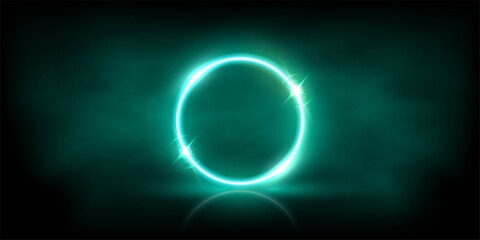 Glowing neon azure circle with sparkles in fog abstract background. Round electric light frame. Geometric fashion design vector illustration. Empty minimal ring art decoration