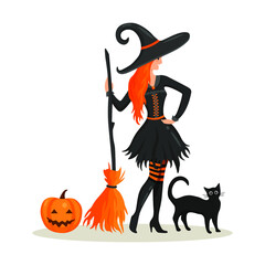 Halloween concept. Witch with pumpkin, black cat, broom isolated on white background. Vectot flat design