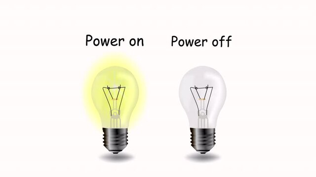 vector video of turning on and off the electricity. Which shows two lamps appearing, one is on, the other is off, with two words "power on" and "power off"