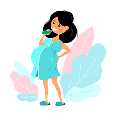 Happy pregnant girl in dressing Gown eating cucumber. Vector isolated on a white background.