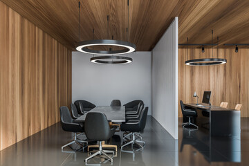 Modern gray and wooden meeting room interior