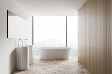 Obraz na płótnie Canvas Stylish white and wooden bathroom interior with tub and sink