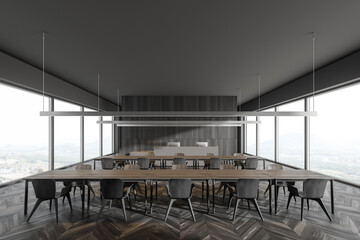 Fototapeta na wymiar Modern gray panoramic restaurant interior