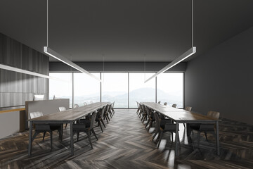 Modern gray panoramic restaurant interior, side view