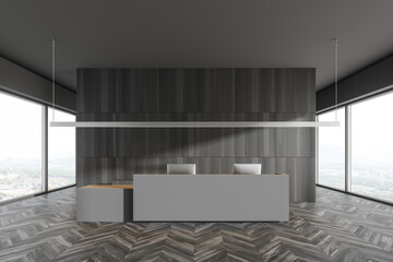 Dark wooden office interior with reception