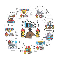 Naklejka premium Economic crisis web banner. Infographics with linear icons on white background. Creative idea concept. Isolated outline color illustration